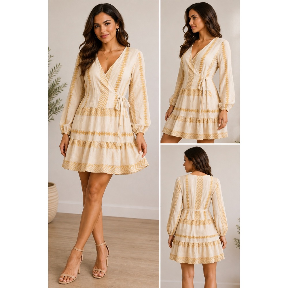 Kasia Xryso Mini Dress Cream Gold Geometric Wrap Tiered Resort 7310 XS NEW